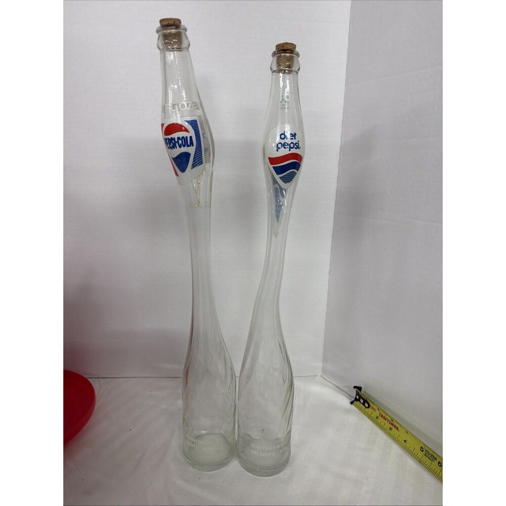 Vintage Pepsi Cola & Diet Pepsi 16 oz Stretched Glass Bottles w/ Corks Set of 2